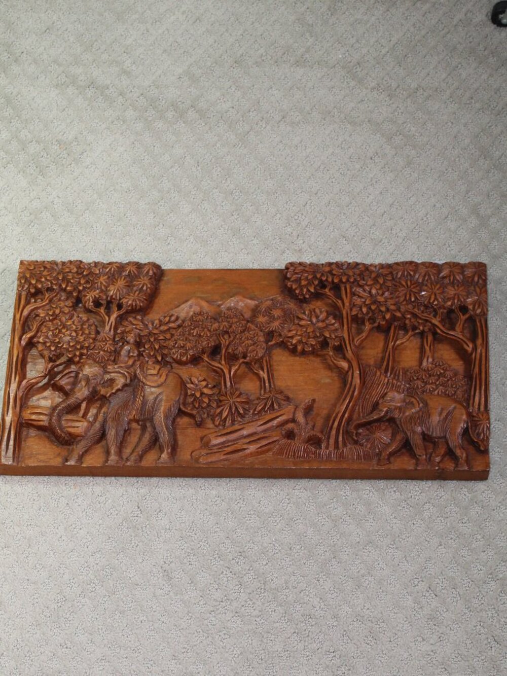 Hand Carved 24"x12" Thai Teak Wood Panel Of Elephants Working In Forest Scene
